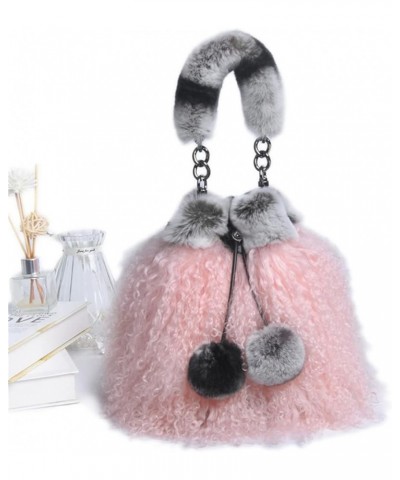 Womens Cute Fluffy Soft Fur Bucket Bag Import Australia Sheep Fur Crossbody Bag Rex Rabbit Fur Handle Handbag Chinchilla-pink...