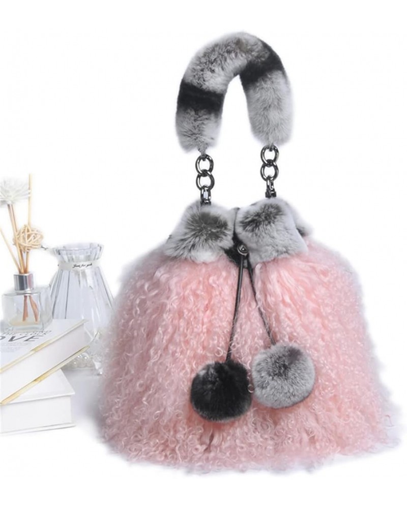 Womens Cute Fluffy Soft Fur Bucket Bag Import Australia Sheep Fur Crossbody Bag Rex Rabbit Fur Handle Handbag Chinchilla-pink...