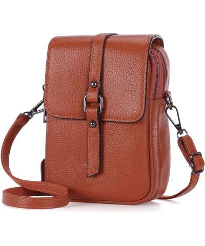 Women's Small Cellphone Purse Wallet Lightweight Genuine Leather Crossbody Shoulder Pouch Bag Light Brown $12.75 Crossbody Bags