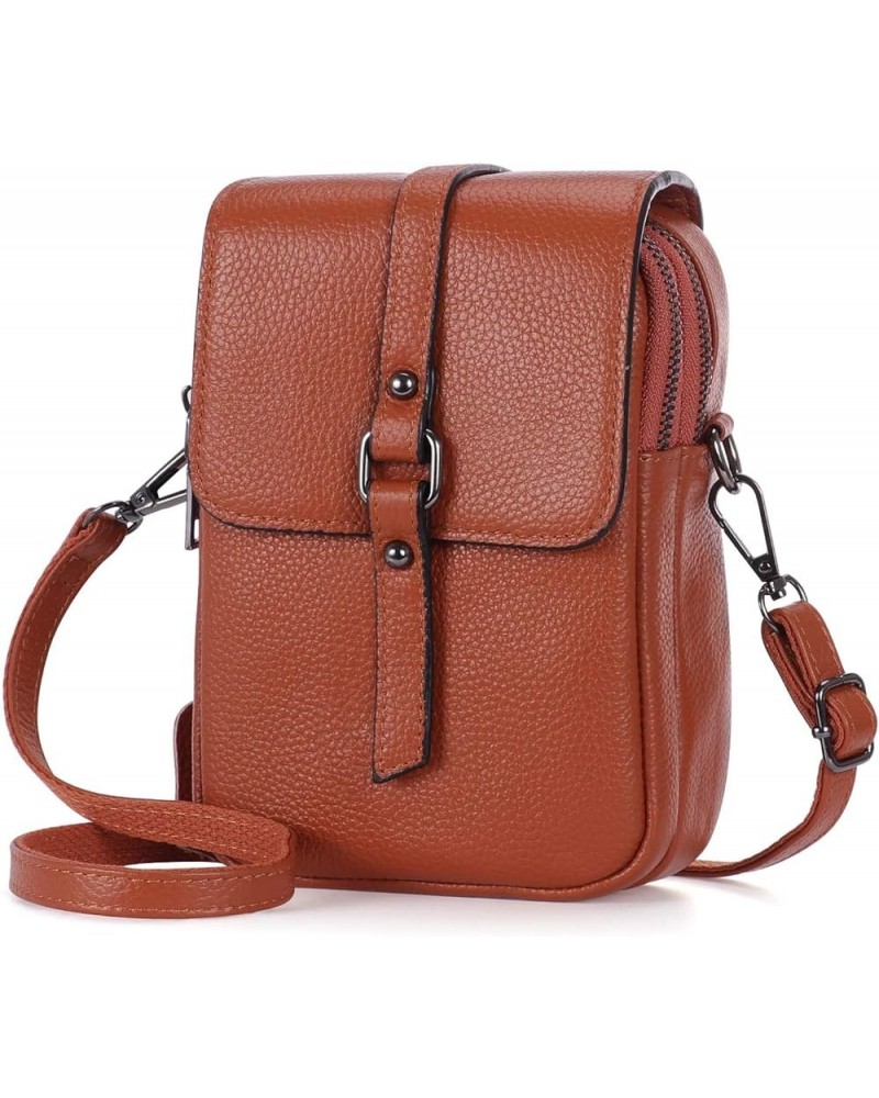 Women's Small Cellphone Purse Wallet Lightweight Genuine Leather Crossbody Shoulder Pouch Bag Light Brown $12.75 Crossbody Bags