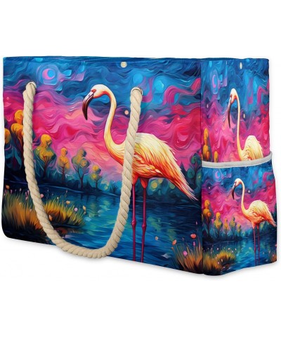 Flamingo Oil Painting Print Beach Bags for Women Large Tote Bag with Zipper and Pockets Waterproof Sandproof Accessories Swim...