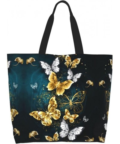 Women Shopping Bag White Golden Butterfly $14.24 Totes