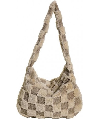 Fluffy Checkerboard Shoulder Bag for Women Plush Plaid Hobo Tote Bag Casual Lightweight Work Shopping Furry Purse Khaki $17.9...