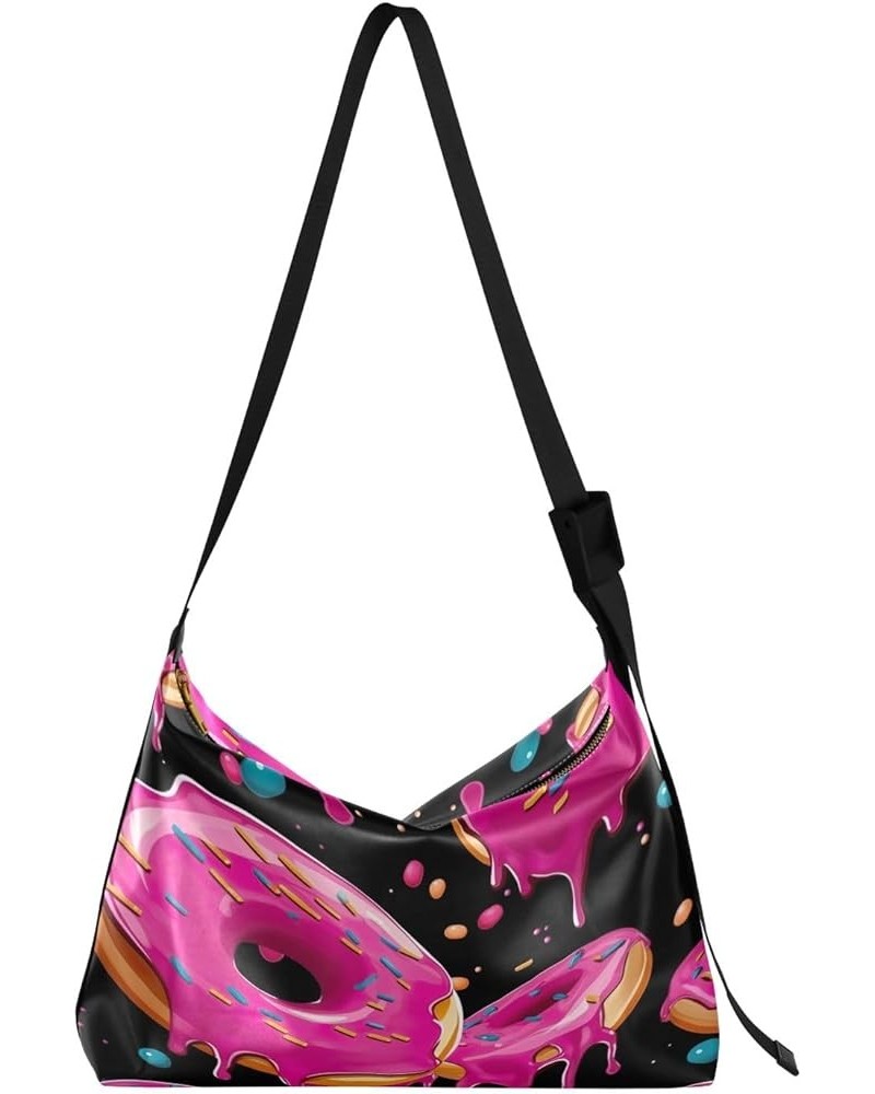 Bananas on Blue Women Shoulder Bag, Large Crossbody Bag, Leather Crossbody Bag Large Pink Donuts in Black-3 $20.51 Hobo Bags