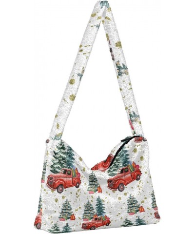 Christmas Women Boho Handbag Red Truck Pine Trees Underarm Bag Tote Bag Shoulder Bag Crossbody Bag Fluffy Cell Phone Purse La...