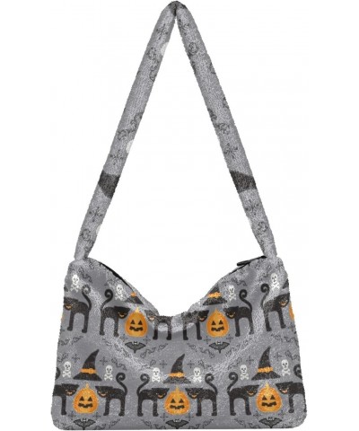 Plush Underarm Bag-Halloween Pumpkin Black Cat 3, Ladies Fluffy Shoulder Bag, Women Fluffy Tote Bag for Autumn and Winter $13...