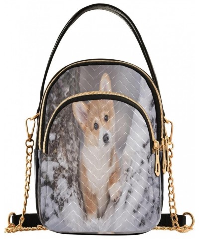 Cute Welsh Corgi Puppy Crossbody Bags for Women Quilted Chain Crossbody Purses Trendy Snow-covered Tree Cross Body Phone Purs...