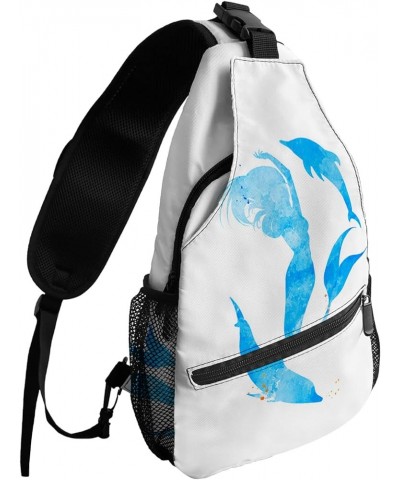 Sling Backpack, Mermaid Silhouette Dreamy Blue Watercolor Waterproof Lightweight Small Sling Bag, Travel Chest Bag Crossbody ...