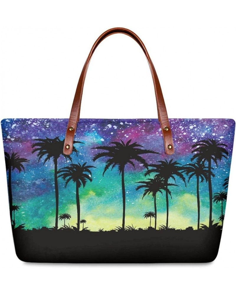 Tote Hand Bag for Women Polyester Storage Bags with Zipper Ladies Commuter Bag Large Stylish Carry Purses Black Coconut Tree ...