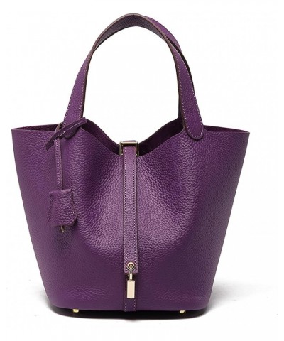 Women's HandBag Leather Lychee Pattern Top Vegetable Basket with Lock Bucket Bag Solid Color Tote Bag Purple $56.81 Totes