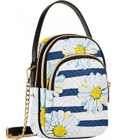 Daisies on Striped Watercolor Shoulder Handbag Women Leather Wallet Phone Purse Quilted Crossbody Wallet Purse Daisies Stripe...