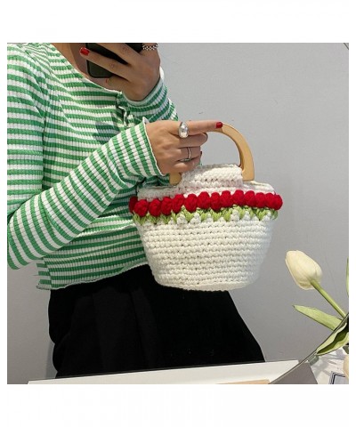 Tulip Hand-Woven Bag Women's Summer Trend Sweet Wooden Handle Handbag $20.66 Handbags