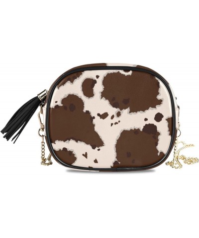 Small Crossbody Bag Beige Brown Cow Print Womens Shoulder Chain Bag PU Leather Small Purse With Tassel $14.39 Shoulder Bags