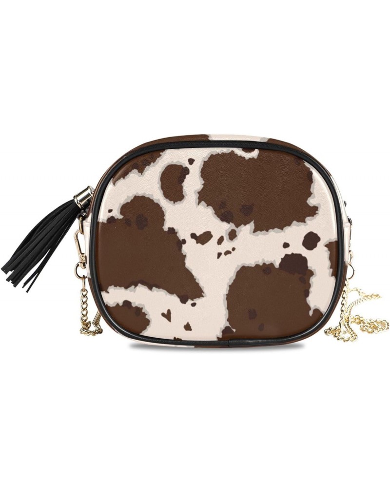 Small Crossbody Bag Beige Brown Cow Print Womens Shoulder Chain Bag PU Leather Small Purse With Tassel $14.39 Shoulder Bags