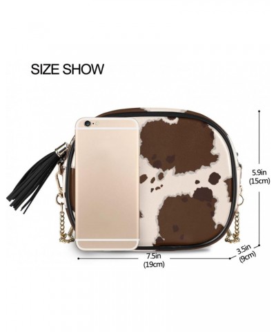 Small Crossbody Bag Beige Brown Cow Print Womens Shoulder Chain Bag PU Leather Small Purse With Tassel $14.39 Shoulder Bags