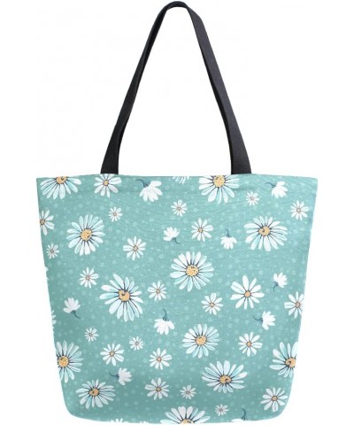 Daisy Flowers and Blue Polka Dot Large Canvas Tote Bag Shopping Shoulder Handbag with Small Zippered Pocket $11.65 Totes