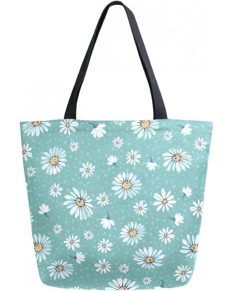 Daisy Flowers and Blue Polka Dot Large Canvas Tote Bag Shopping Shoulder Handbag with Small Zippered Pocket $11.65 Totes