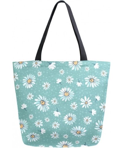 Daisy Flowers and Blue Polka Dot Large Canvas Tote Bag Shopping Shoulder Handbag with Small Zippered Pocket $11.65 Totes