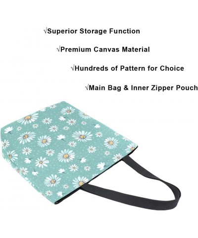 Daisy Flowers and Blue Polka Dot Large Canvas Tote Bag Shopping Shoulder Handbag with Small Zippered Pocket $11.65 Totes