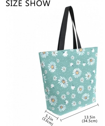 Daisy Flowers and Blue Polka Dot Large Canvas Tote Bag Shopping Shoulder Handbag with Small Zippered Pocket $11.65 Totes