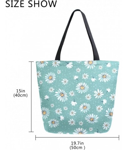 Daisy Flowers and Blue Polka Dot Large Canvas Tote Bag Shopping Shoulder Handbag with Small Zippered Pocket $11.65 Totes