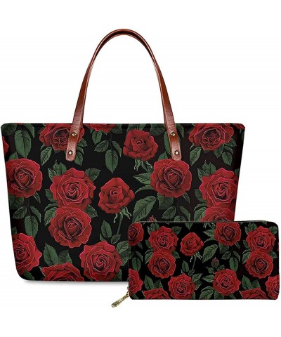 Womens Purses and Handbags Set Includes Long Wallets with Large Capacity Top-Handle Bag Ladies Shoulder Totes 2 Pack Red Rose...