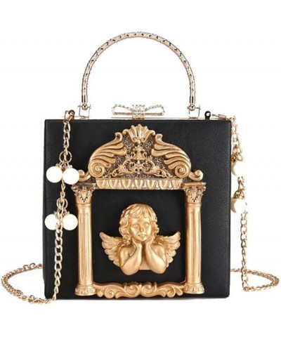 Women Love Angel Floral Evening Bag Rose Embossed Formal Purse Clutch Black Gold Crossbody Pearl Chain Shoulder Bag Angel Bla...