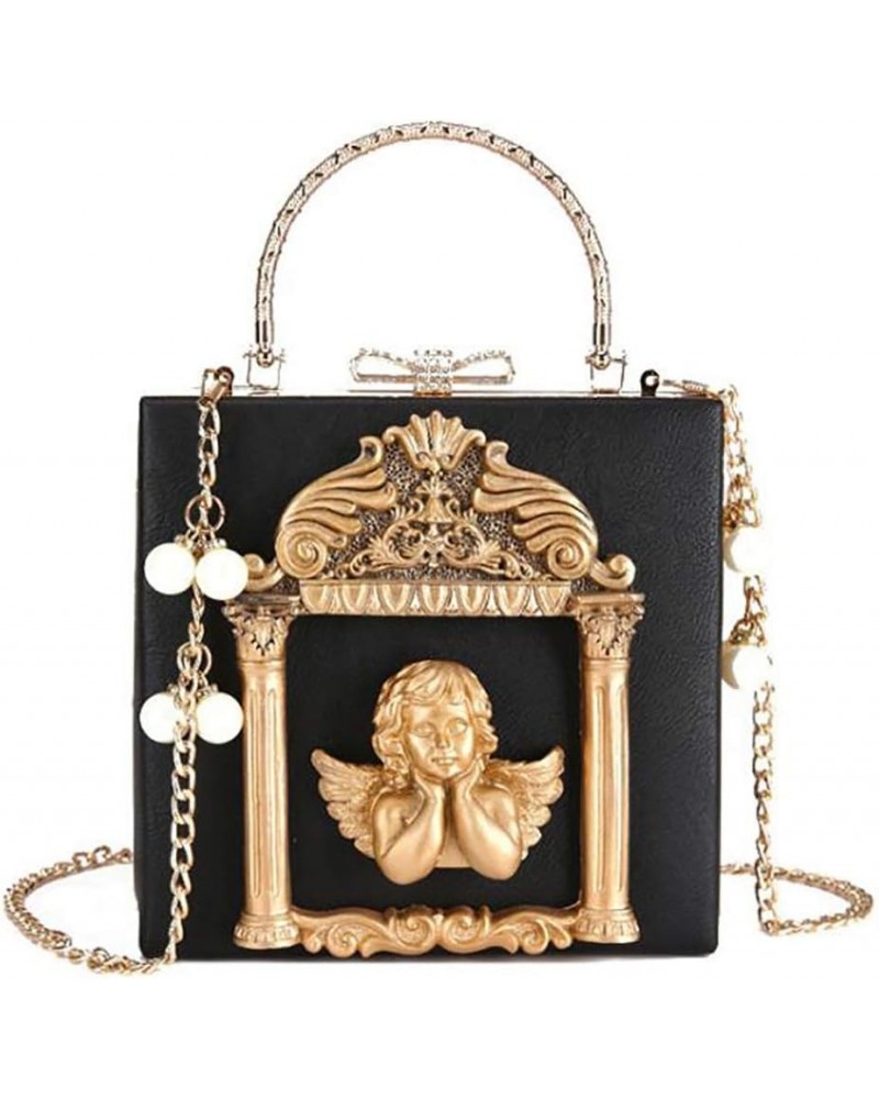 Women Love Angel Floral Evening Bag Rose Embossed Formal Purse Clutch Black Gold Crossbody Pearl Chain Shoulder Bag Angel Bla...