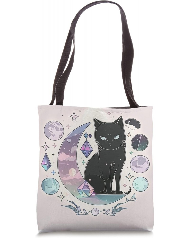 Witchy Cute Black Cat Kawaii Crystal Pastel Goth Moon Phases Tote Bag $12.71 Totes