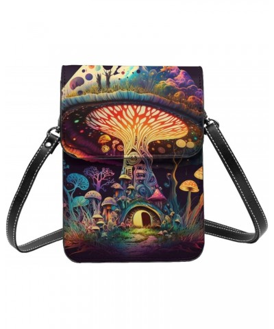 Mushroom Plant Fantasy Forest Night Colorful Leather Small Crossbody Bags for Women Cell Phone Bag Wallet Purses with Adjusta...