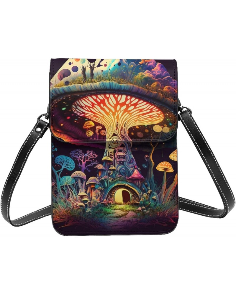 Mushroom Plant Fantasy Forest Night Colorful Leather Small Crossbody Bags for Women Cell Phone Bag Wallet Purses with Adjusta...