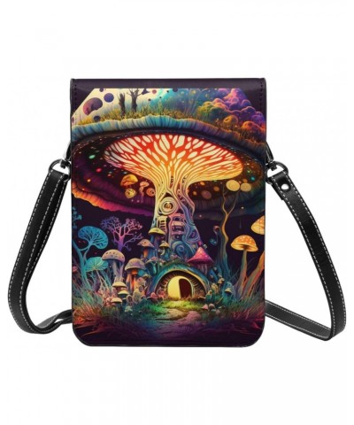 Mushroom Plant Fantasy Forest Night Colorful Leather Small Crossbody Bags for Women Cell Phone Bag Wallet Purses with Adjusta...