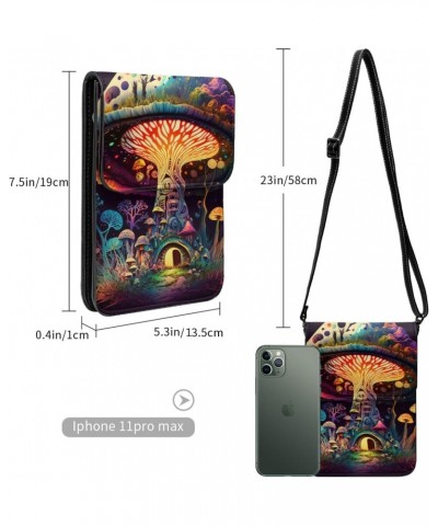 Mushroom Plant Fantasy Forest Night Colorful Leather Small Crossbody Bags for Women Cell Phone Bag Wallet Purses with Adjusta...