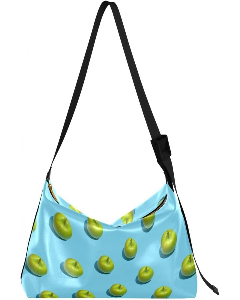 Large Crossbody Bag Green Apples on Blue PU Leather Shoulder Bag for Women Girls $15.84 Crossbody Bags