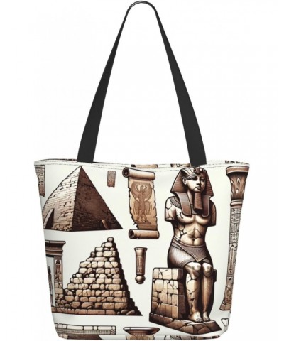 Women Shoulder Bag Ancient-Egyptian-Pyramid-Pharaoh Foldable Tote Bag With Zipper Closure Casual Shopping Purse Daily Bag $15...