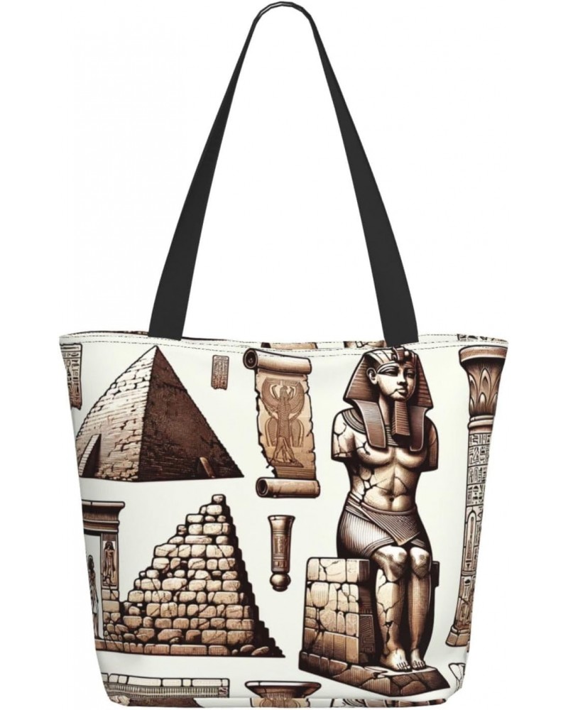 Women Shoulder Bag Ancient-Egyptian-Pyramid-Pharaoh Foldable Tote Bag With Zipper Closure Casual Shopping Purse Daily Bag $15...