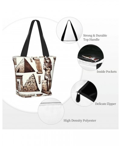 Women Shoulder Bag Ancient-Egyptian-Pyramid-Pharaoh Foldable Tote Bag With Zipper Closure Casual Shopping Purse Daily Bag $15...