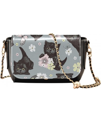 Floral Black Cat Crossbody Shoulder Bag for Women, PU Leather Flap Satchel Purse, Shoulder Handbags with Adjustable Strap, Cl...