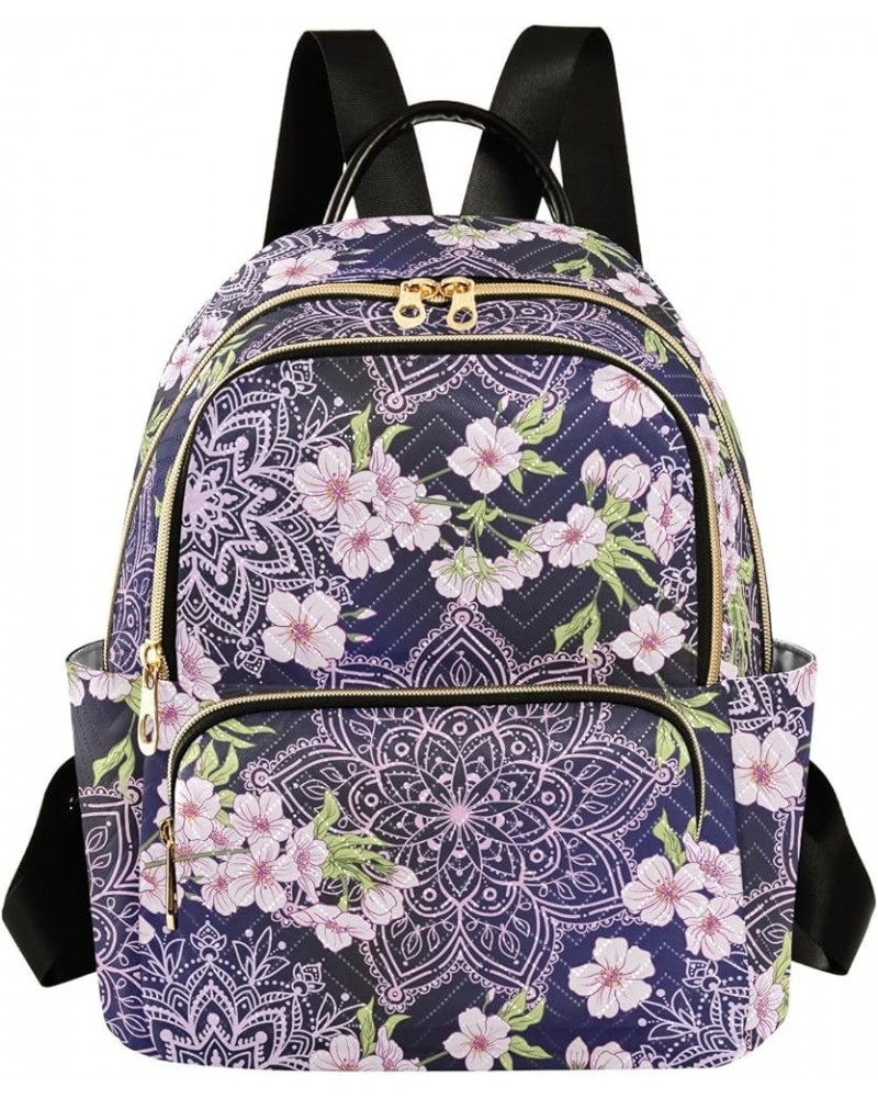 Mini Backpack for Women, Purple Mandala Cherry Flower Travel Backpack Purse for Ladies, Small Bookbag Daypack Shoulder Bag M ...