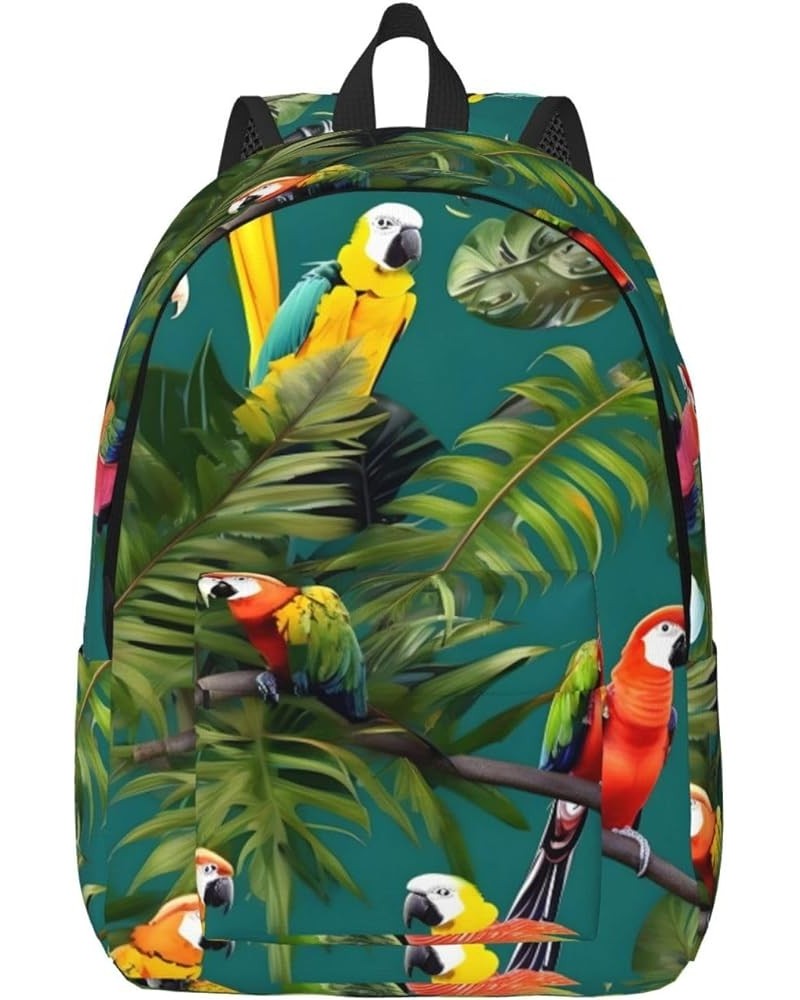 Tropical Plants And Parrots Print Lightweight Travel Canvas Backpack Casual Daypack For Men Women Work, Sports, Beach Black S...