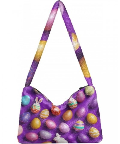 3d Colorful Easter Eggs Plush Underarm Bag Women's Tote Handbags Fluffy Shoulder Bag for Autumn and Winter $11.04 Shoulder Bags