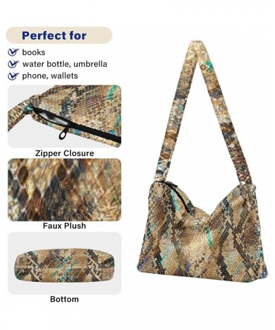 Snake Print Furry Tote Bag for Women Crossbody Bag Shoulder Handbag Puffer Tote with Zipper for Men $9.66 Totes