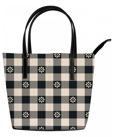 Shoulder Bag Tote Bags for Women Black Striped and Plaid Leather Shopper Work Handbags Large Casual Bag $19.99 Totes