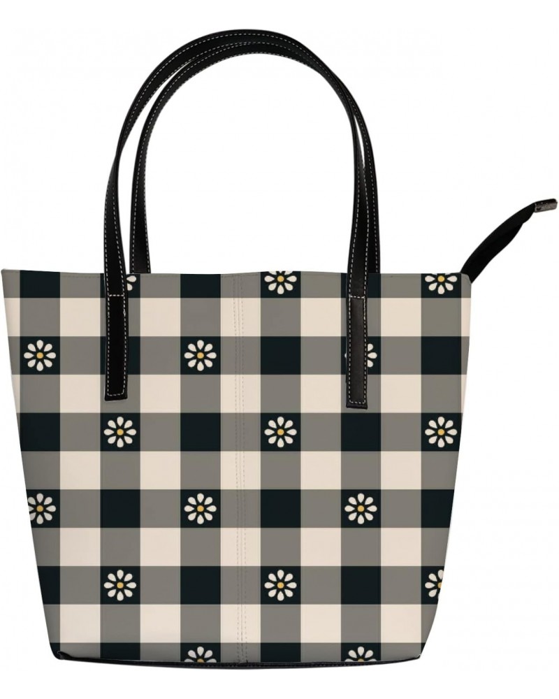 Shoulder Bag Tote Bags for Women Black Striped and Plaid Leather Shopper Work Handbags Large Casual Bag $19.99 Totes