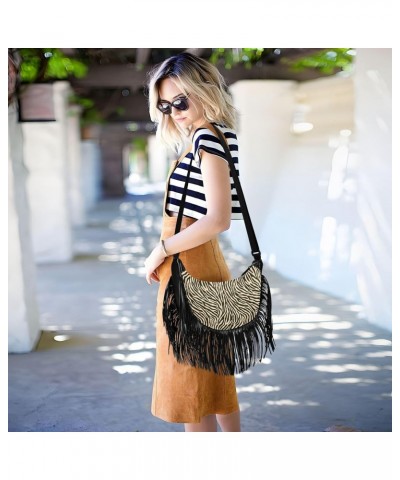 Tassel Crossbody Bag Cute Zebra Skin Print Women Fringe Boho Handbag Hippie Purse Vintage Bohemian Shoulder Bag '70s Daily Ba...