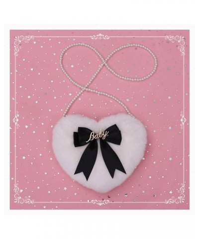 Japanese Heart-Shaped Lolita Girl Bow Plush one-Shoulder Crossbody Bag White Maorongxinxingbaobao- $21.72 Shoulder Bags