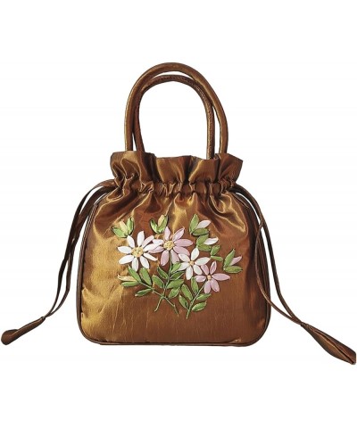 Women Handbag Drawstring Handbag Elegant Flower Pattern Faux Silk Bucket Bag Gift for Women Ladies Coffee $7.26 Handbags