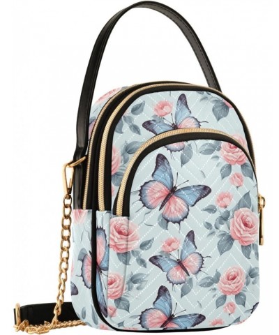 Vintage Flower Butterfly Print Women's Crossbody Handbags with Zipper, Casual Leather Cell Phone Purse Crossbody Bags for Lad...