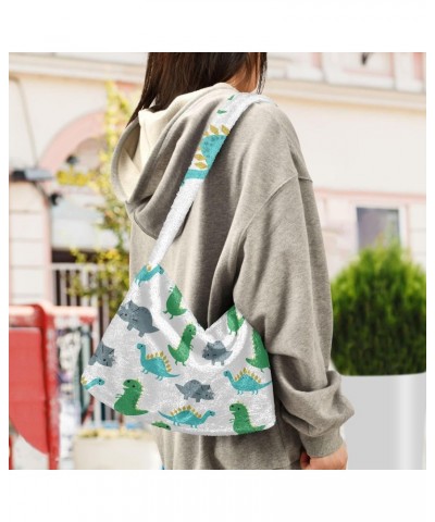 Women Boho Handbag Green Grey Dino Funny Cartoon Underarm Bag Tote Bag Shoulder Bag Crossbody Bag Fluffy Cell Phone Purse Pat...