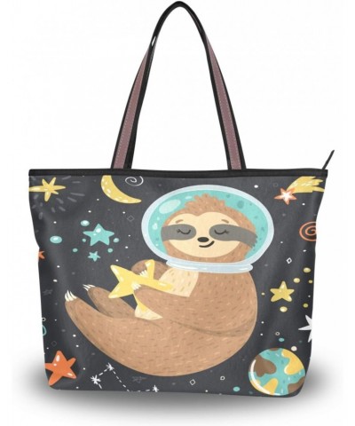 Womens Tote Bag, Sloth Astronaut Stars Moon Planets Ladies Zip Shoulder Handbags $12.00 Shoulder Bags